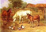 Ponies, Donkey and Ducks in a Farmyard by Edgar Hunt